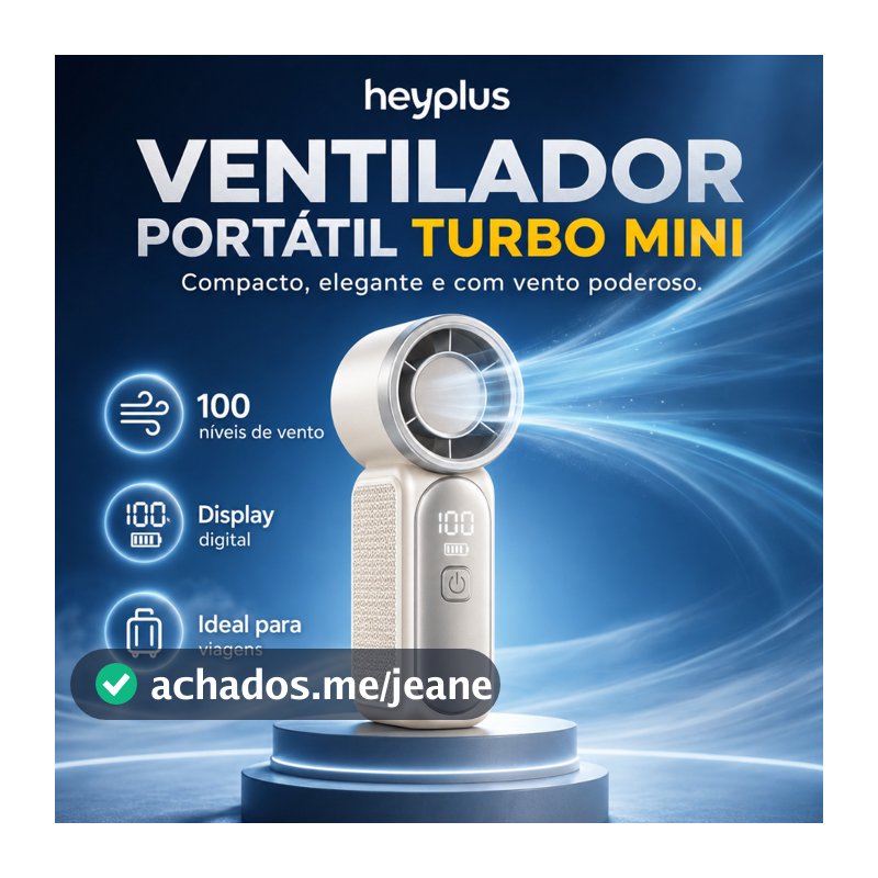 Mini Ventilador Turbo de Mão 100 Velocidades – Recarregável, Silencioso, Portátil, Longa Autonomia com Display LED