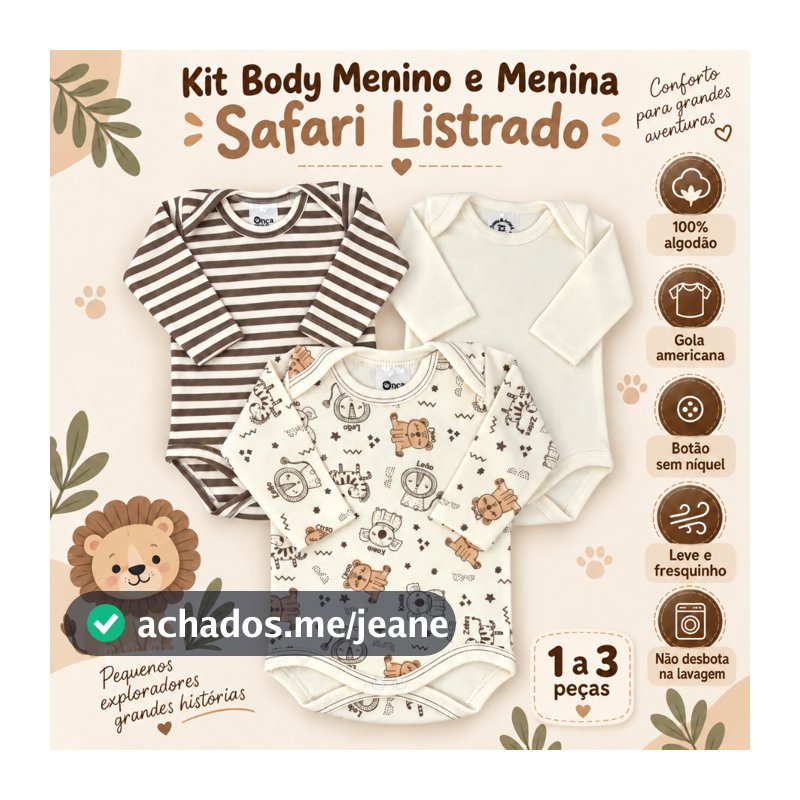 Kit Body Bebê Listrado Marrom Safári e OffWhite Manga Longa 100% Algodão Maternidade Enxoval Hipoalergênico