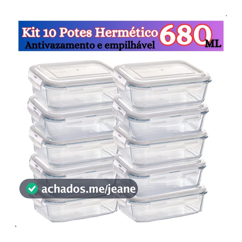 Conjunto 6 até 12 Potes de Vidro 370ml ou 640ml Hermético Marmita Fit com Tampa 4 Travas Premium