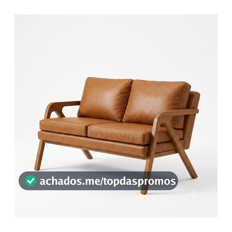 Namoradeira Mona Ellegance Sofá Estofado Em Linho/Couro 2 Lugares Madeira Design Moderno Confortável