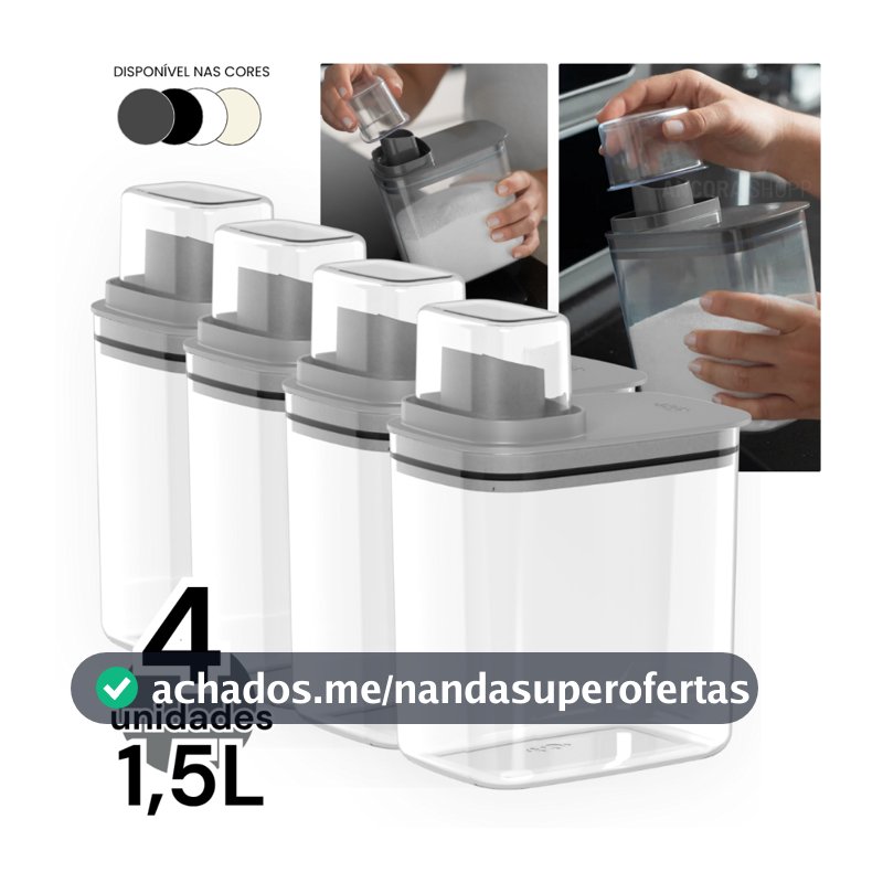 Kit 4un Dispenser Flow 1,5 Litros Porta Sabão Líquido em Pó Amaciante Alvejante Organizador Armário de Lavanderia