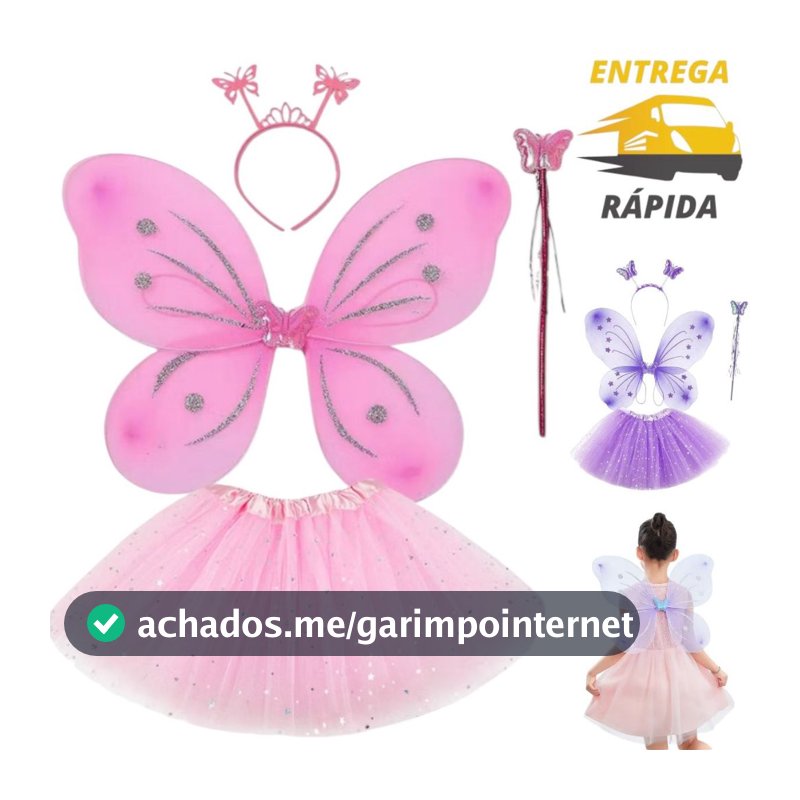 Fantasia De Fada Borboleta Asa Com Varinha, Tiara e Saia