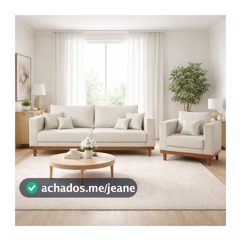Kit Poltrona Living + Sofá 2 Lugares com Base Madeira Suede