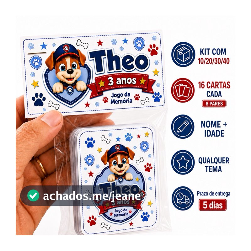Kit com 10/20/30/40, jogo  da Memória Personalizado 16 Cartas | Lembrancinha Infantil Aniversário Qualquer Tema