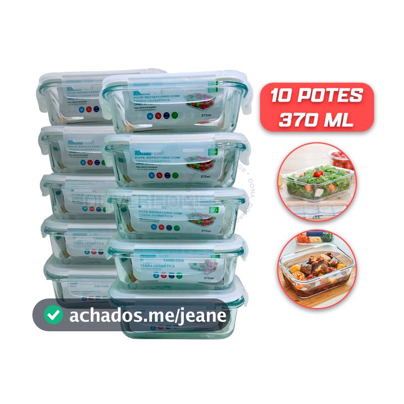 Kit 3 / 5 ou 10 Potes Vidro Hermético mantimentos marmita 370ml - Pote Hermético - Oliver Home