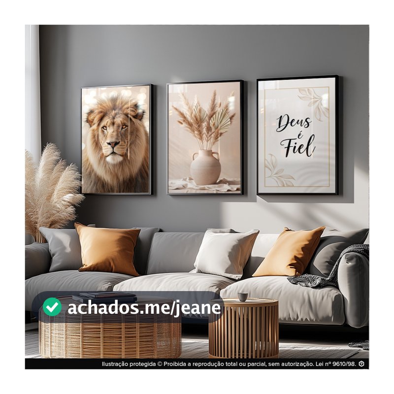 Quadro Decorativo Deus é Fiel Leão Kit 3 Peças Sala Quarto Cristão Moderno MDF 122x60