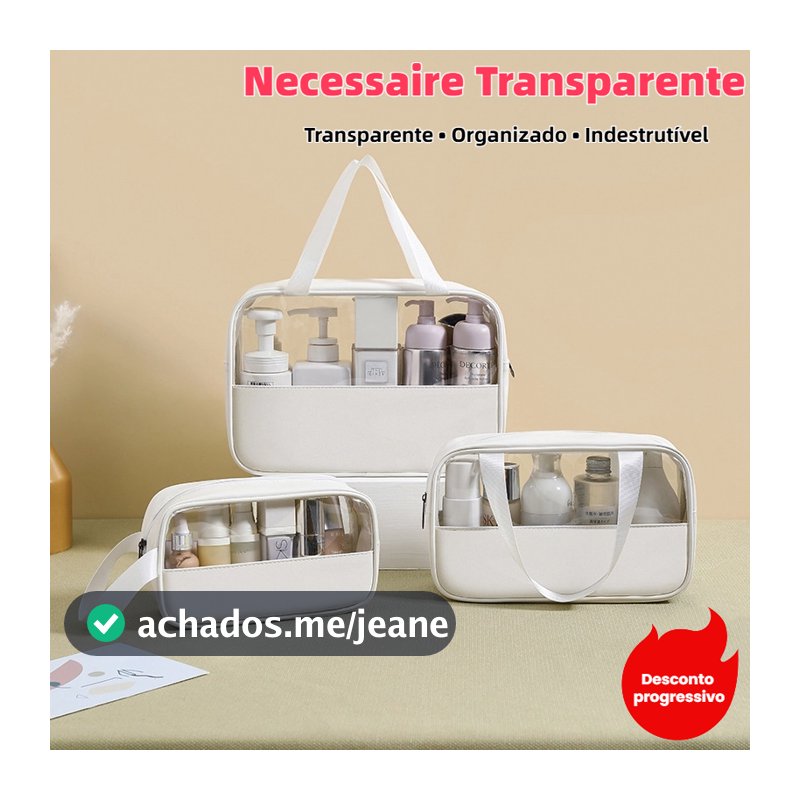 Kit 3 Necessaires Transparentes para Viagem - Organize Cosméticos e Produtos de Higiene Pessoal