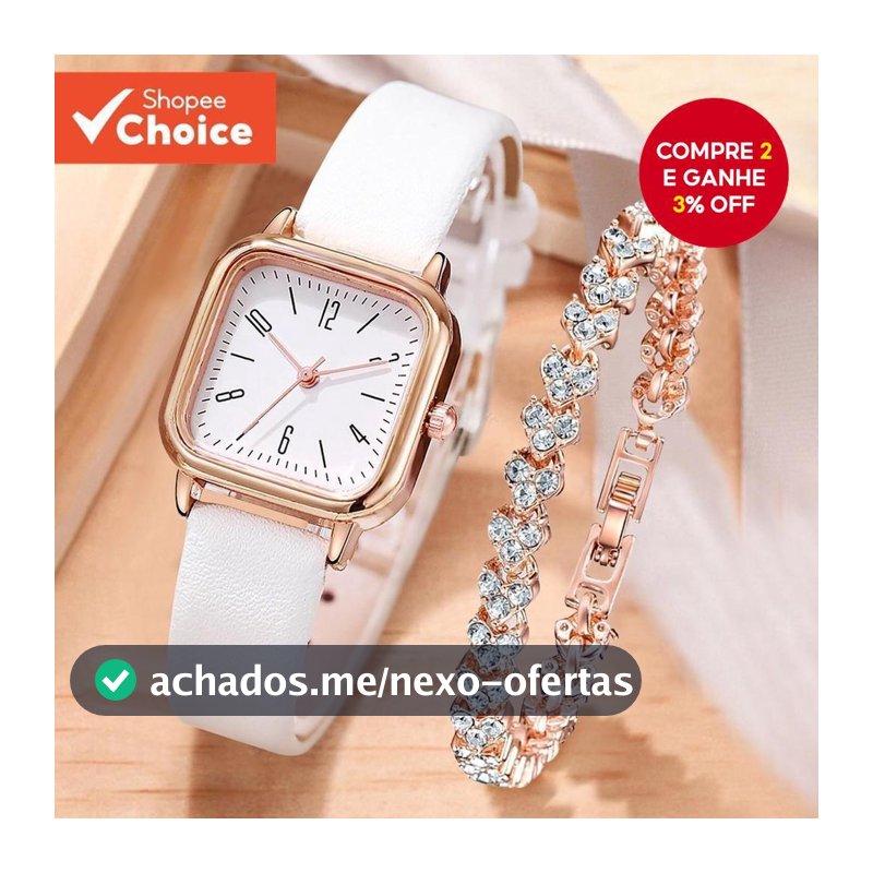 Relógio Feminino Quadrado Pulseira De Couro Com Imitação De Diamante Coração Conjunto Estilo Elegante