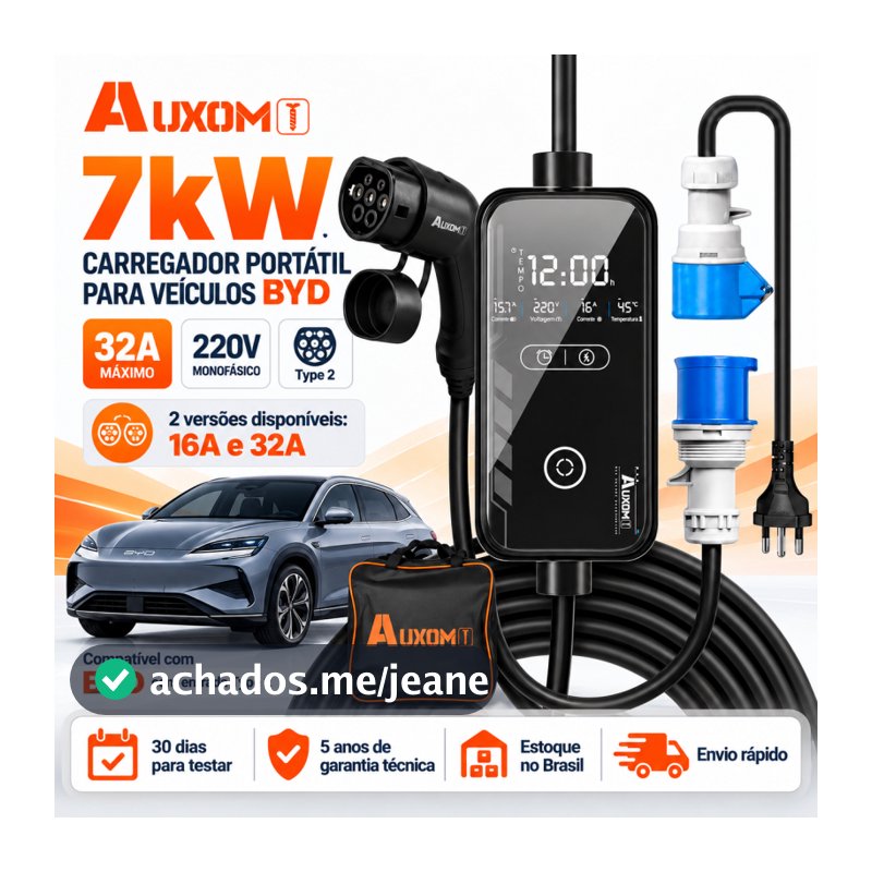 Carregador Carro Elétrico Tipo 2 AUXOM para BYD Dolphin Mini Dolphin Song Pro 7kW 32A 220V Cabo 5m
