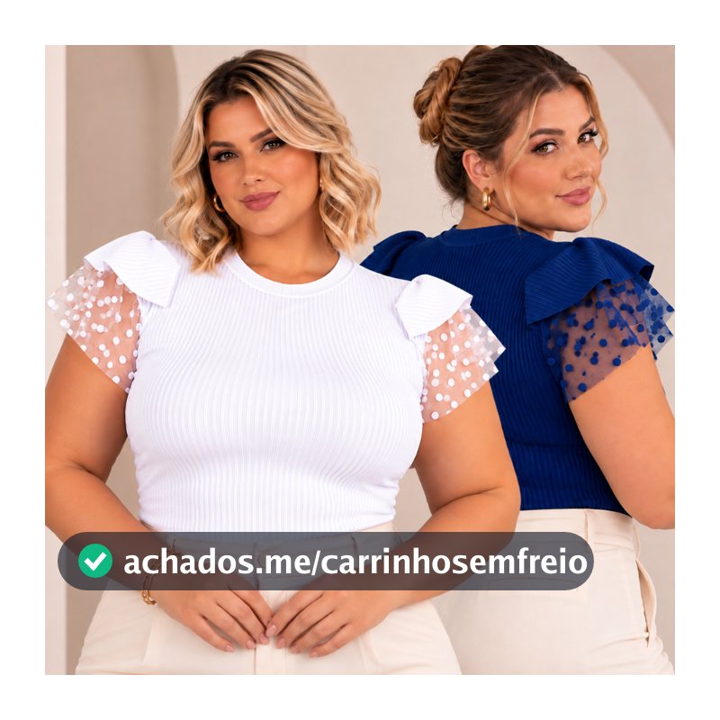 Blusa Feminina Canelada Luxo Com Renda Curve Plus Size Manga Curta