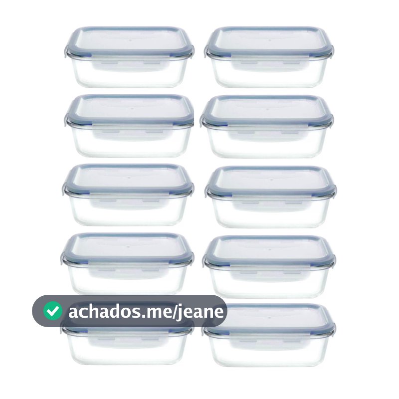 Kit 10 Potes Hermético 350ml Vidro Retangular Marmita Tampa Hermética 4 Travas Marmitinha Fitness