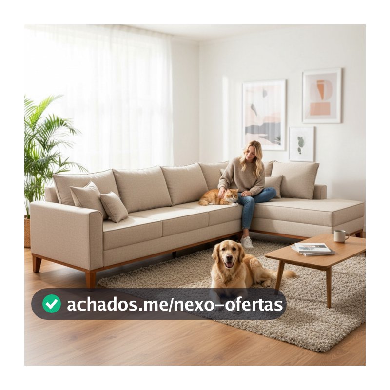 Sofá 4 Lugares Beny com Chaise Direito Linho Bege