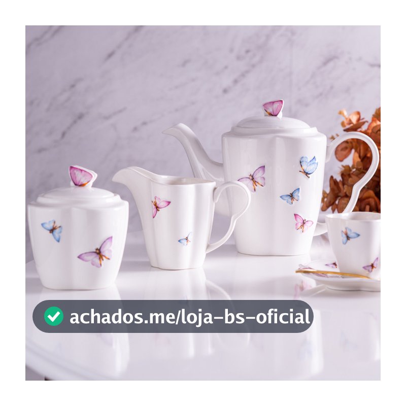 Jogo de 3 Peças em Porcelana para Café Borboletas Wolff Bule Leiteira Açucareiro Requintado Luxo Borboletinhas Butterfly