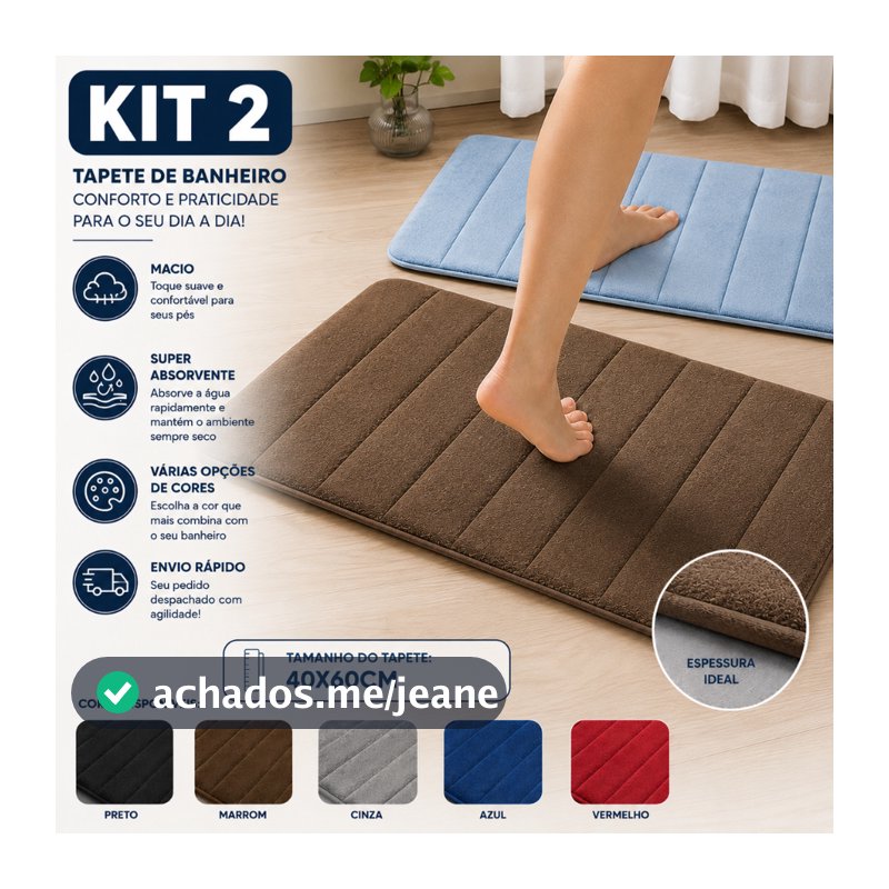 Kit com 2 Tapete Antiderrapante Absorvente Banheiro Quarto Macio Soft Secagem Rapida 60x40
