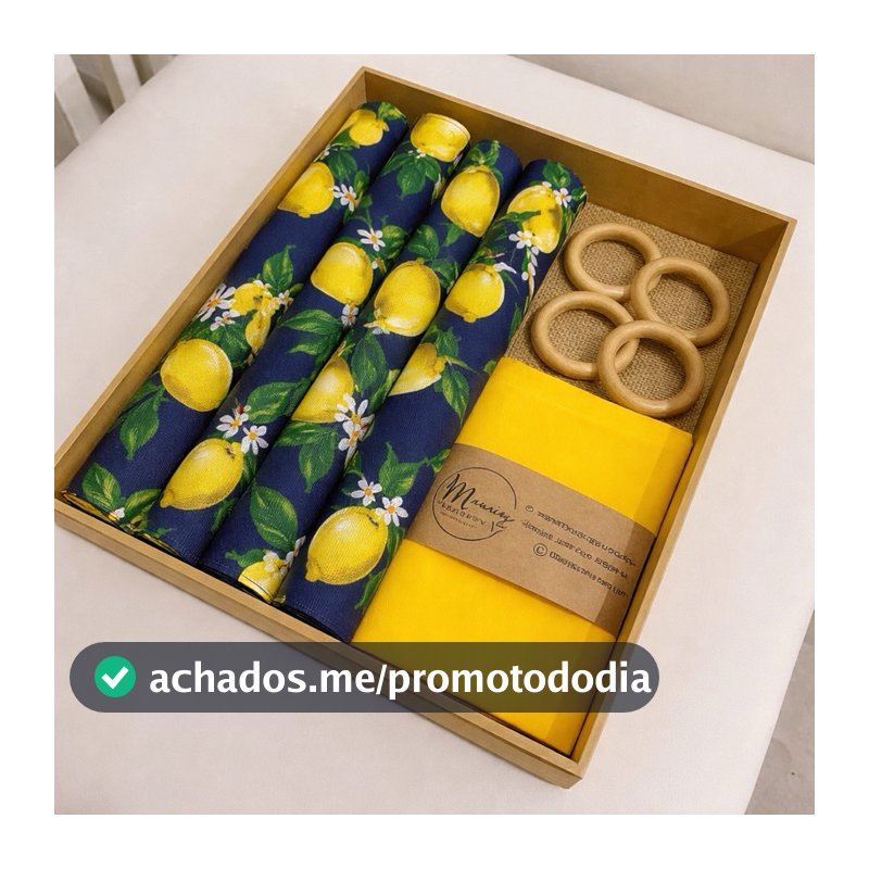 Kit Jogo Americano + Argolas + Guardanapos Box Manci 02 -06 Lugares Completos Decoração Limão