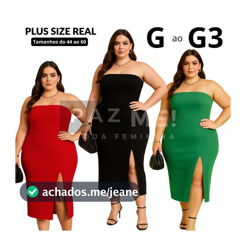 Vestido Midi PAZME Plus Size Tomara Que Caia Fenda Frontal