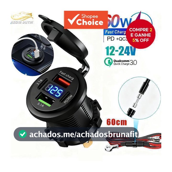 Estilo de Vida - Produto Local - 1 Conjunto Carregador de Carro QC 3.0 à Prova d'Água com Duplo USB e Dupla Tomada