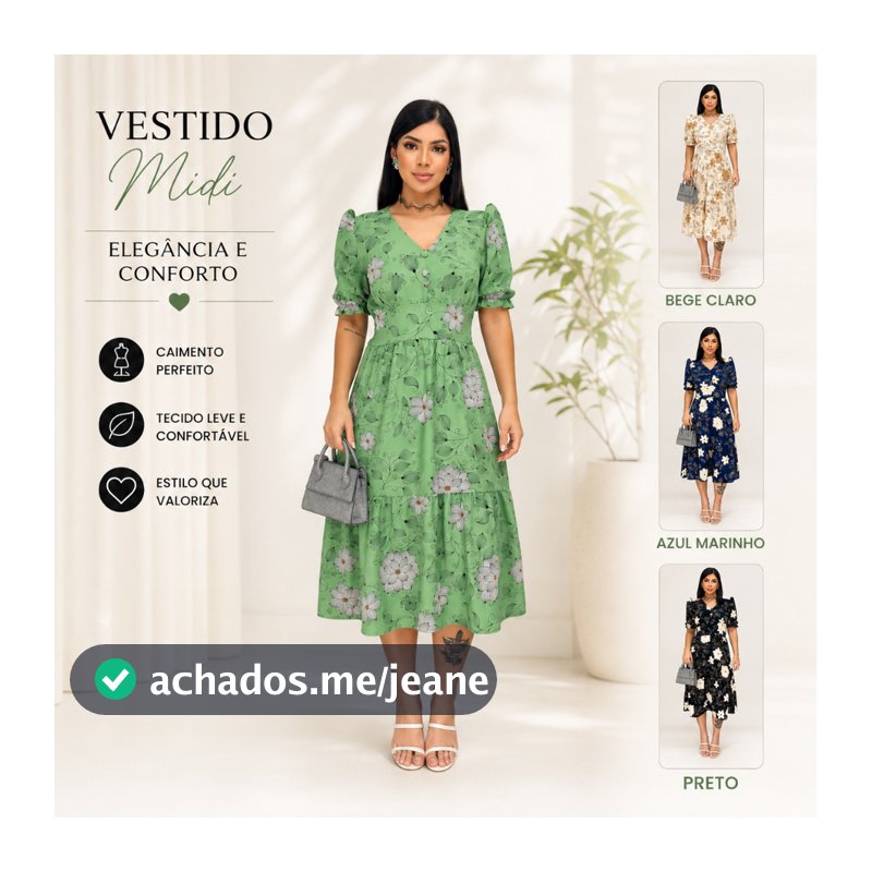 Vestido midi floral com elasteck na cintura M.G