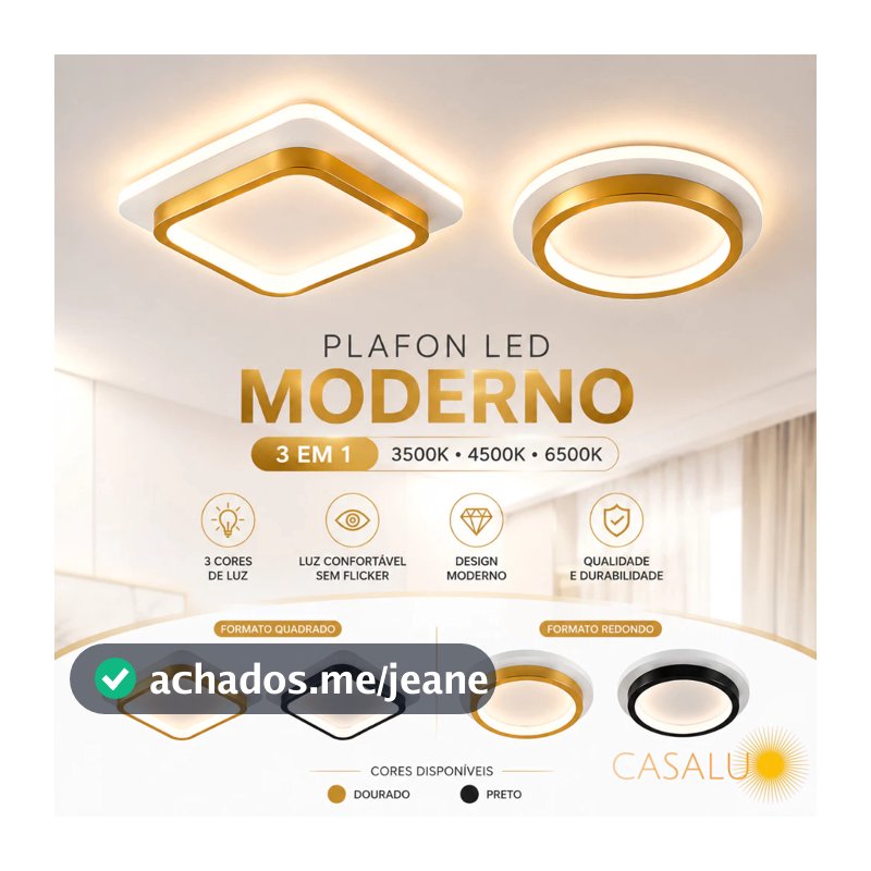 Luminária De Teto Moderno LED 3 Em 1 Plafon Sobrepor LED 20W 20X20CM Dourado Preto Para Quarto Hall