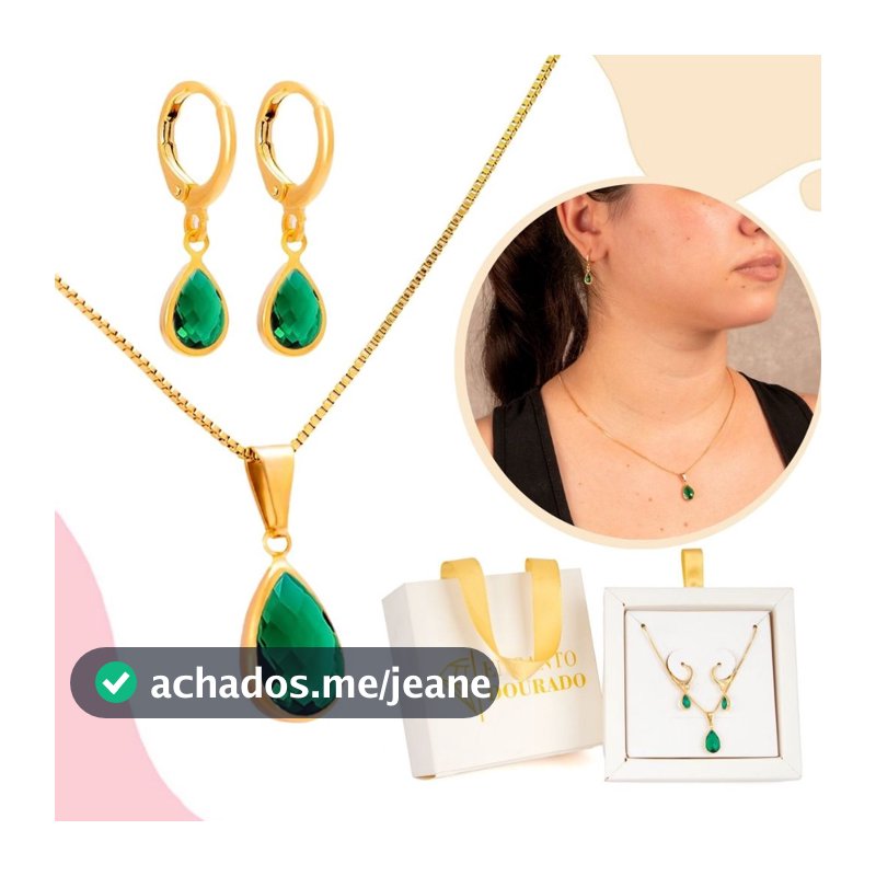 Conjunto Colar e Brinco Antialérgico Banhado a Ouro 18k Feminina Gota Verde Zircônia