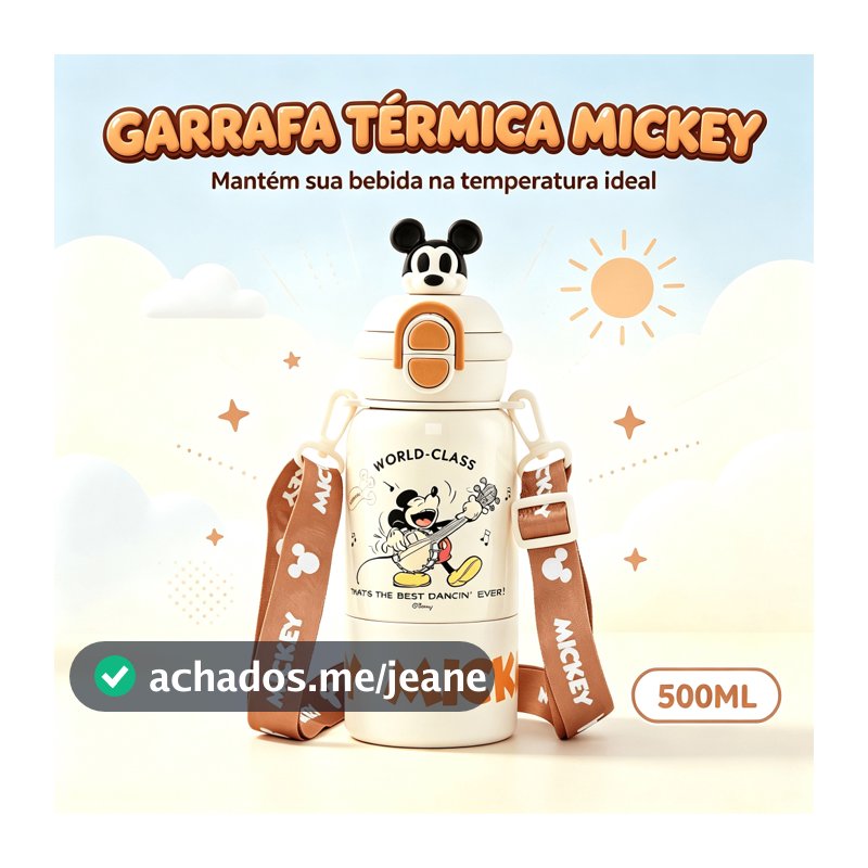 Garrafa Mickey Mouse Branca Ideal Escola Passeio Infantil Disney 500ml