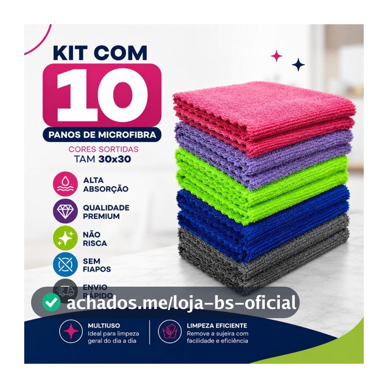 Kit 10 Panos Microfibra Alta Absorção Multiuso Não Risca Sem Fiapos Limpeza Casa Carro PM001-A