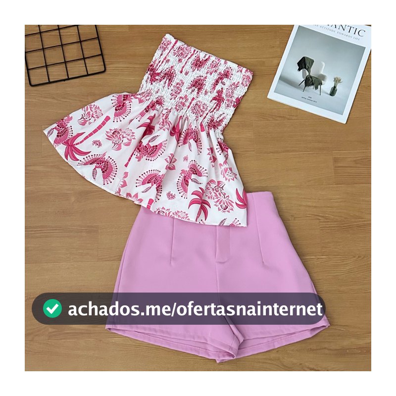 Conjunto feminino de duas peças, blusa estampada sem alças e shorts lisos, roupa casual de verão