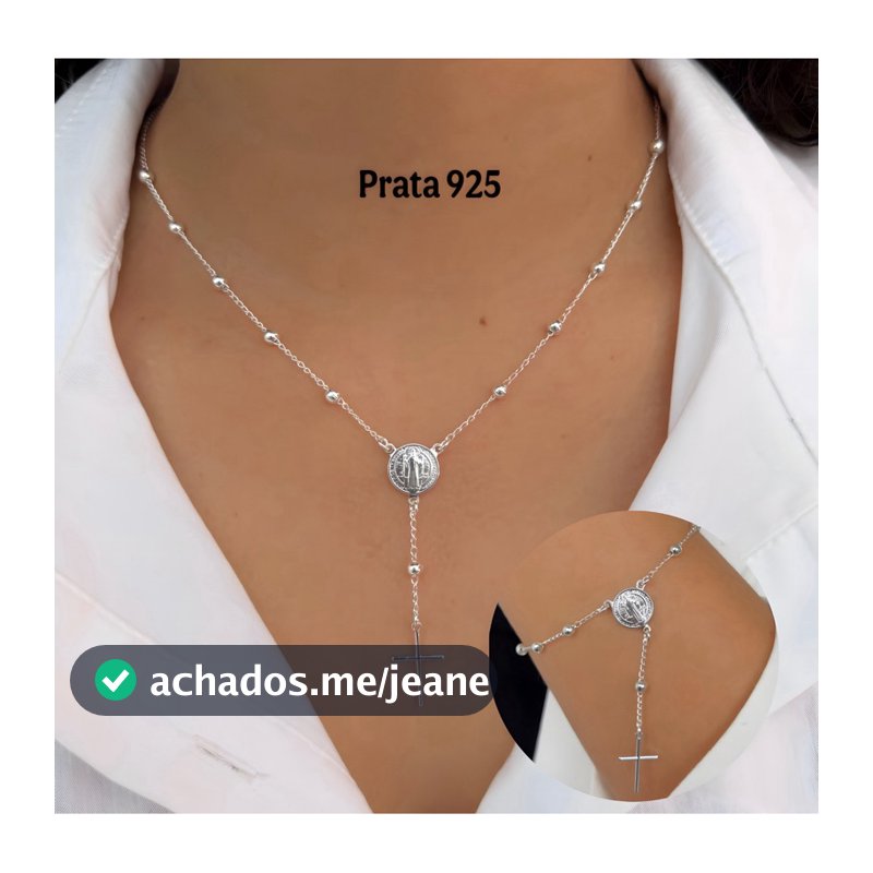 Colar São Bento Prata 925 Feminino Terço Delicado com Cruz