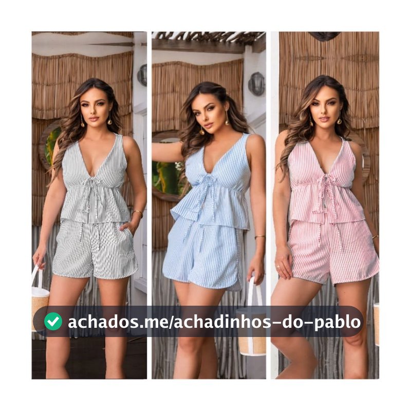 Conjunto Listrado feminino cropped babado amarrar short soltinho