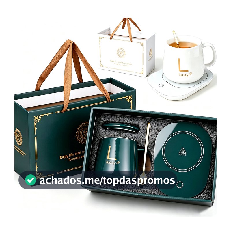 Kit Caneca Lucky Cerâmica + Base Aquecedora 55°C  Presente Aniversário Dia Dos Namorados Mantém Café Chá Quente