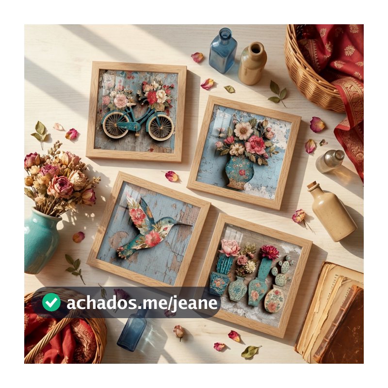 Kit 4 Quadros Decorativos Vintage Flores Beija-Flor 18x18 Moldura Vidro Sala Quarto Rústico Boho