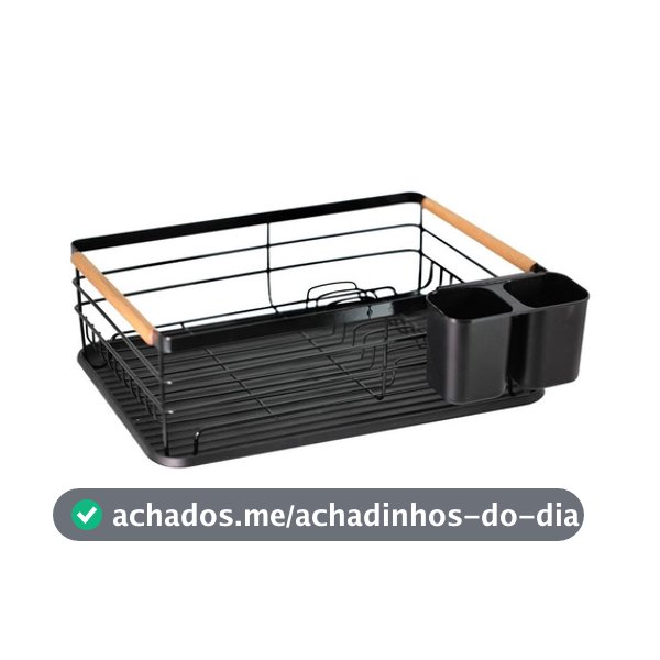 Escorredor De Bancada Para Pratos Em Ferro E Madeira 42x30cm Rack Preto Escorredor Organizador
