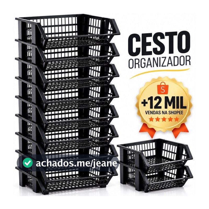 Kit 2/4/6 Cesto Cestao Empilhavel Preto Expositor Reforçado Organizador Estoque Dispensa 20x44cm