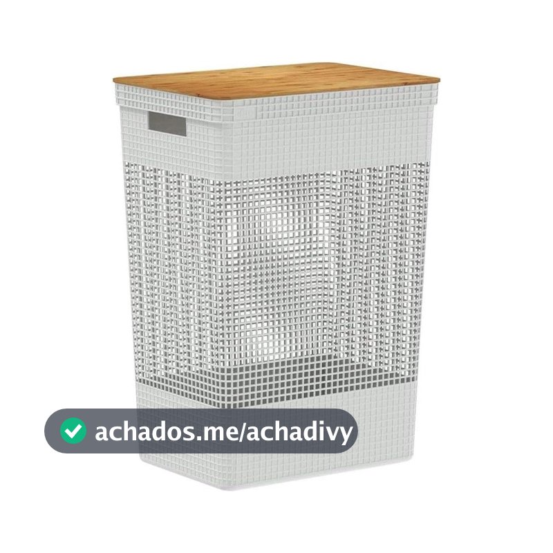 Cesto de Roupas Grid 49L Branco Oceano Tampa em Bambu OU
