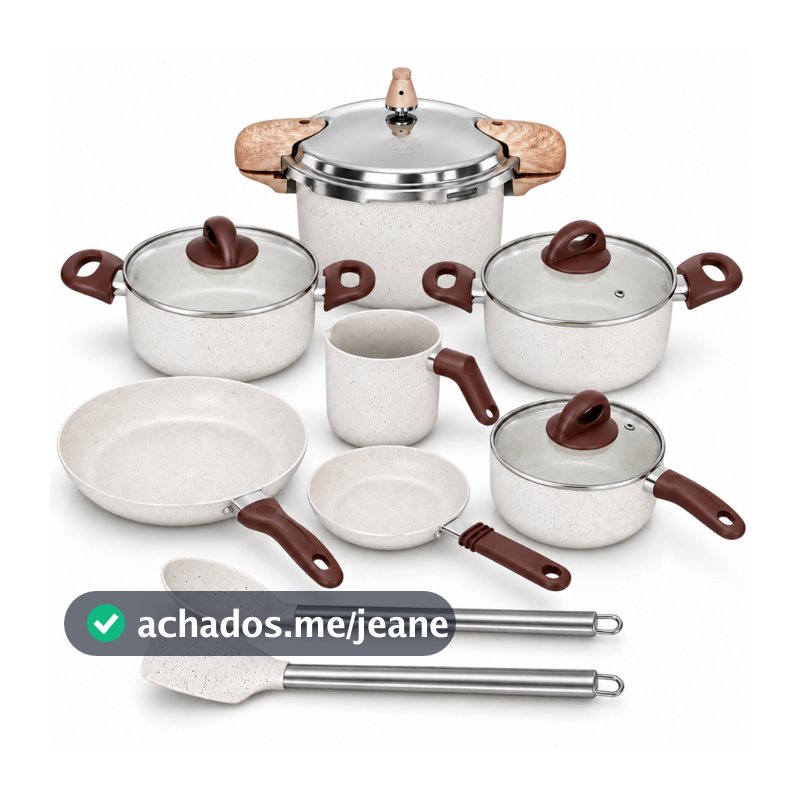 Jogo de Panelas Brinox Antiaderente Cerâmico Vanilla 9 Peças com Panela de Pressão e Utensílios Silicone cabo Aço Inox