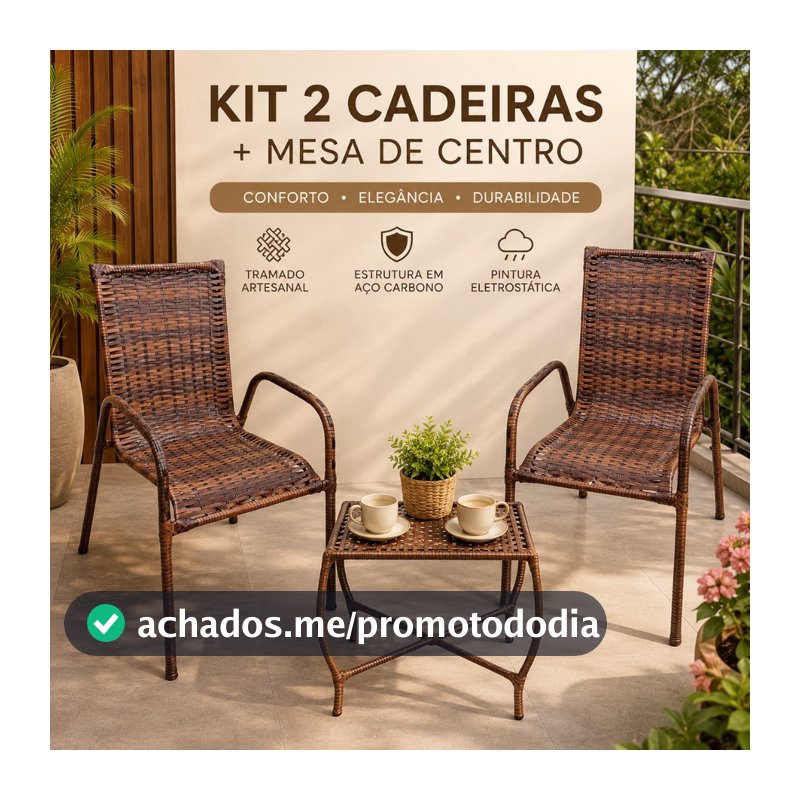 Kit 2 Cadeiras Com Mesa de Centro Fibra Junco Sintético Para Jardim Area Externa e Interna, Empilhavel Facil de Guardar