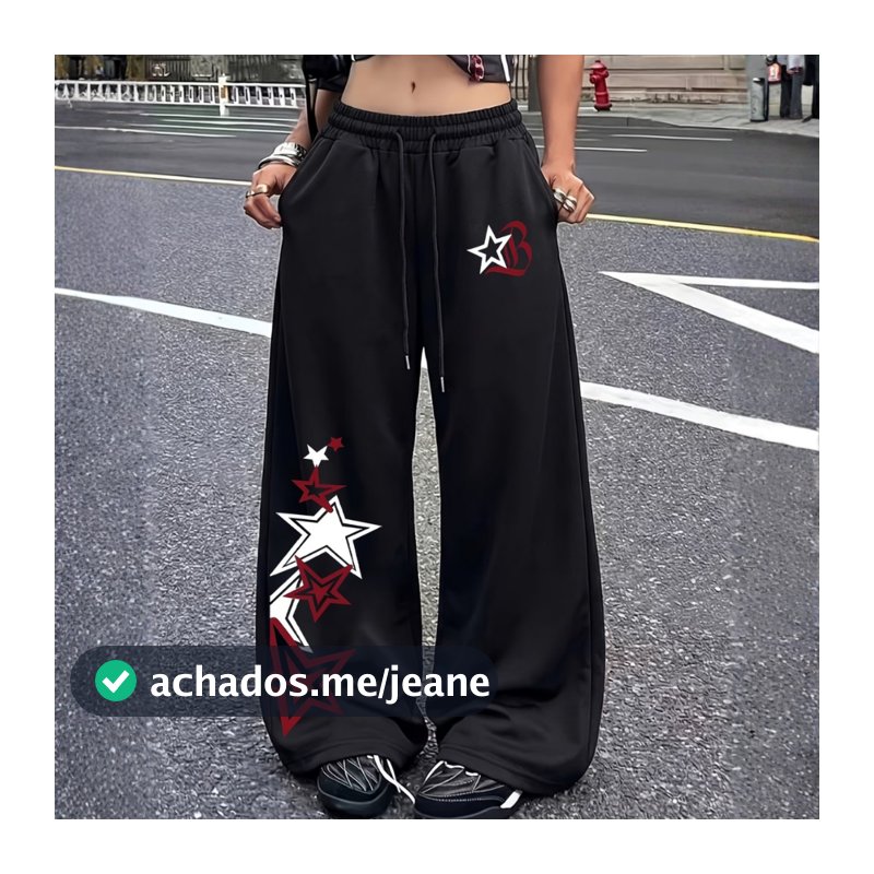 : Calça Baggy Feminina Streetwear   Estampa Estrelas Vermelhas Solta Estilo Gringa