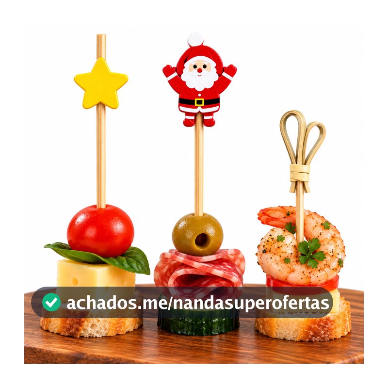 Palito de Bambu Petisco Natalino Papai Noel Estrela ou Madeira 20, 40, 60 Ou 80 Unidades