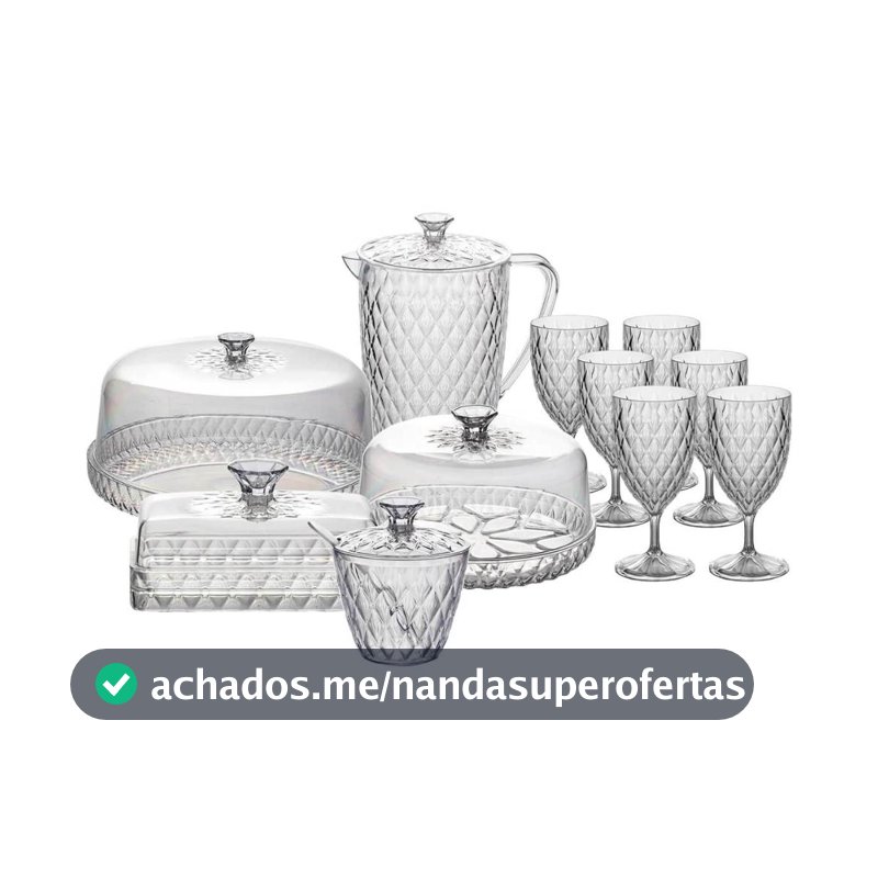Kit Mesa Posta Glamour com 11 Itens Café da Manhã Jarra Queijeira Manteigueira Açucareiro Boleira