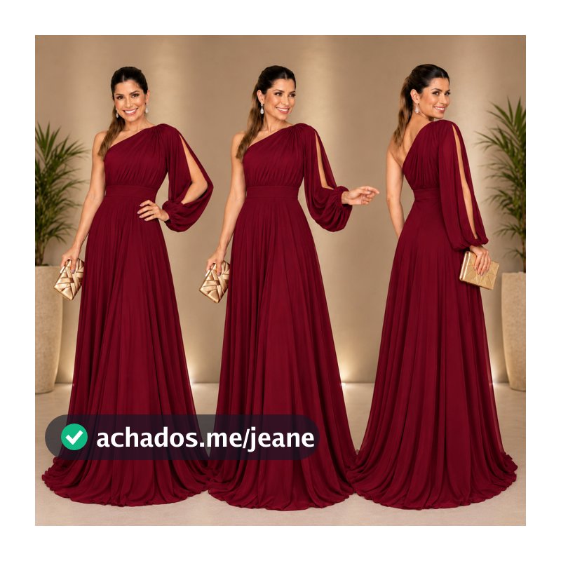 Cristina Anair Vestido Longo Madrinha Festa Casamento Formatura Um Ombro Só Manga Longa
