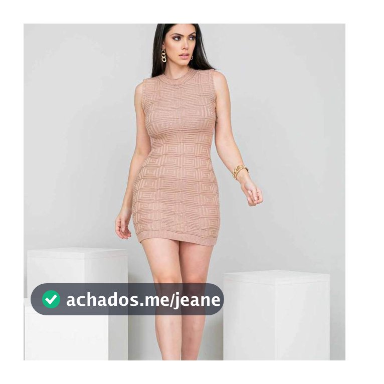 Vestido Curto Justo Tricot Nude Gola Alta Sem Mangas Tecido com Estampa em Relevo Look Elegante Dia a Dia