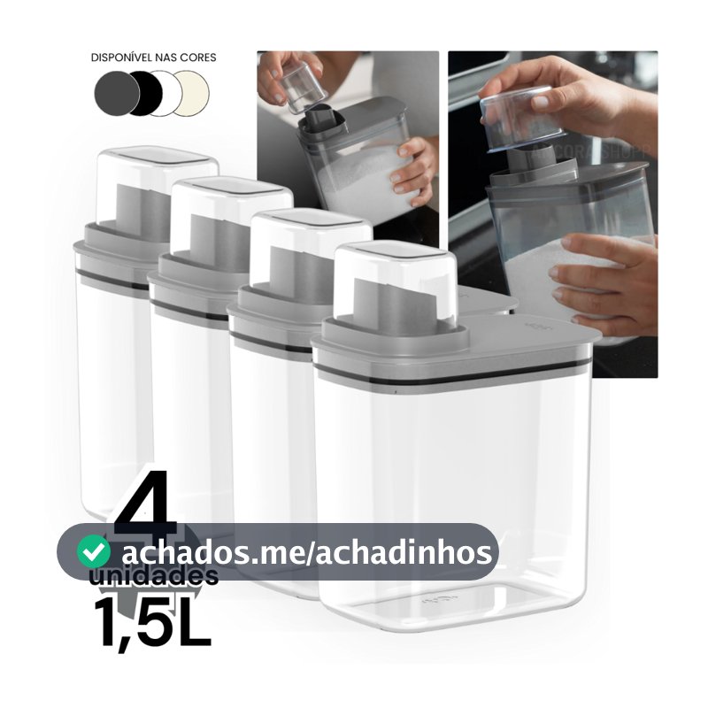 Kit 4un Dispenser Flow 1,5 Litros Porta Sabão Líquido em Pó Amaciante Alvejante Organizador Armário de Lavanderia