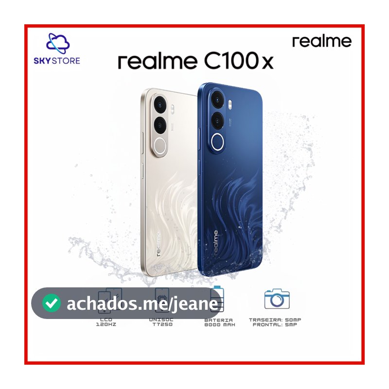 Realme C100x 4G, Versão Global, 128/256GB + 4/8GB RAM, Processador Unisoc T7250, NFC, Câmera 50MP, Bateria 8000mAh