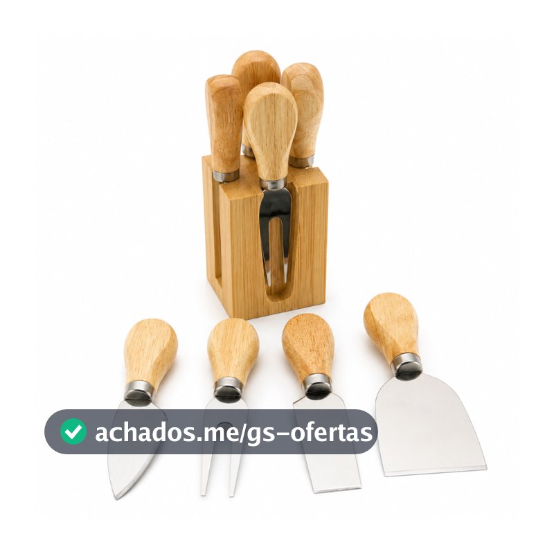 Kit para Queijo - Cortadores, Garfo e Suporte - Aço Inox com Cabo de Madeira Bambu