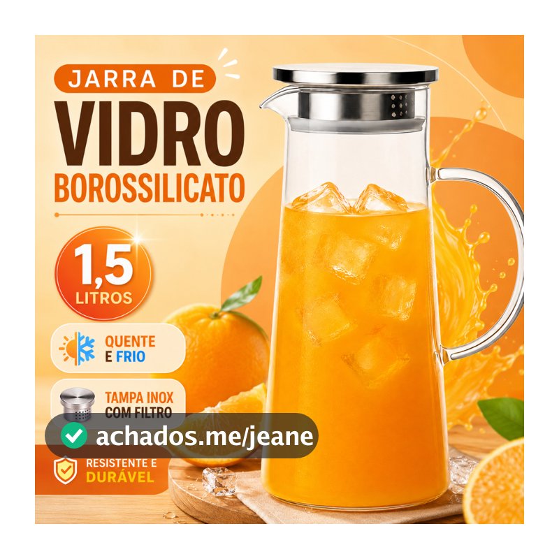 Jarra Vidro Borossilicato Transparente Tampa Inox Suco Água