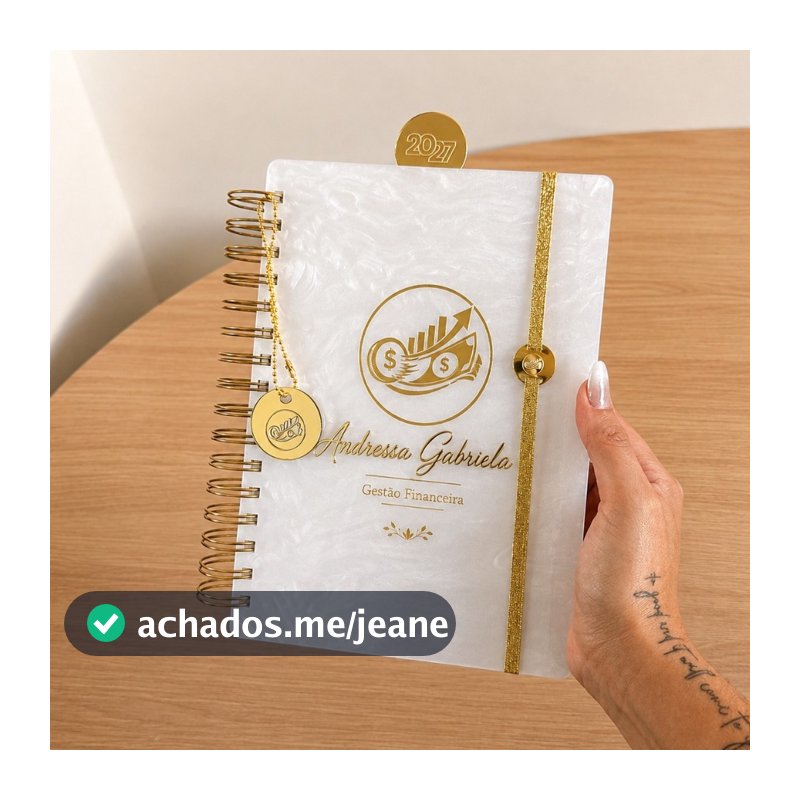 AGENDA 2027 COM CAPA EM ACRILICO MADREPEROLA PERSONALIZADA 15X21CM COM MARCA PÁGINA