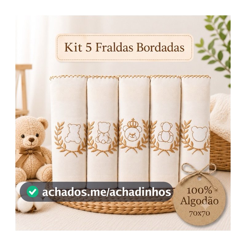 Kit Fralda de Pano Bebê Bordada 70x70 Algodão Enxoval Recém Nascido 5 10 15 Unidades