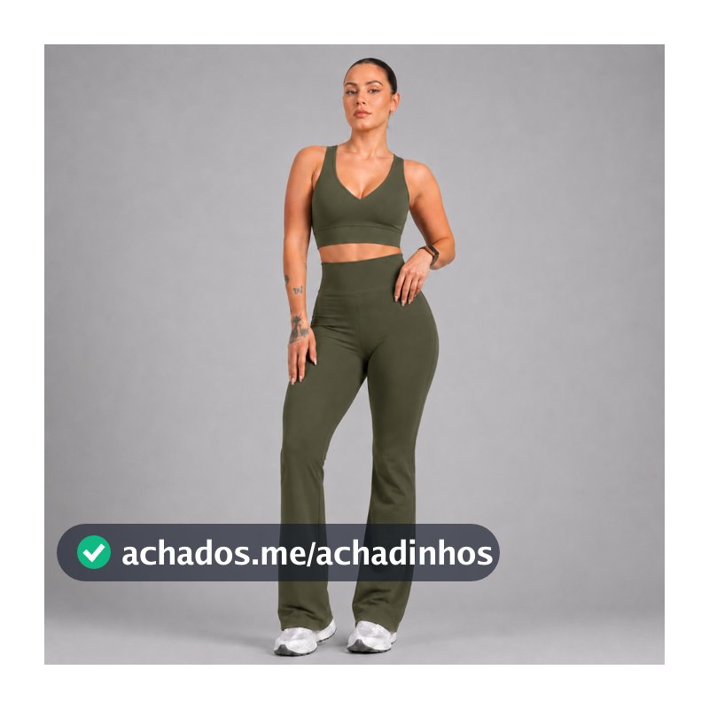 Conjunto Feminino Fitness Calça Flare Bailarina + Top Decote V  Zero Transparência Ideal Dia a Dia