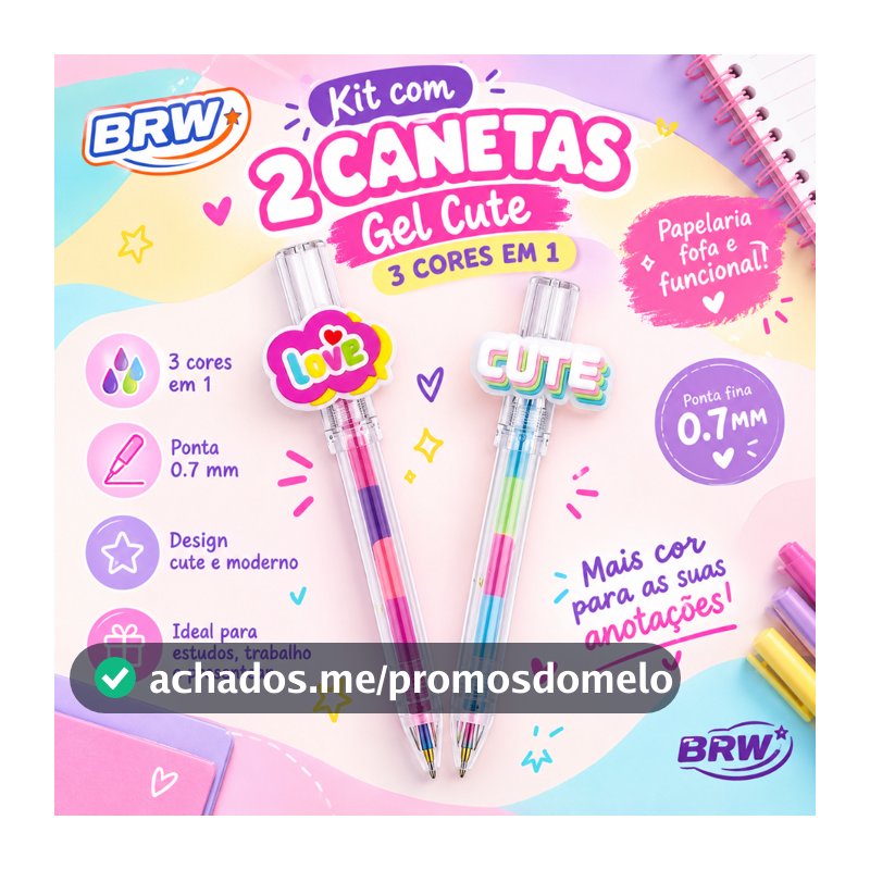Kit 2 Canetas Gel Cute 3 Cores em 1 Ponta 0.7mm BRW Papelaria Fofa