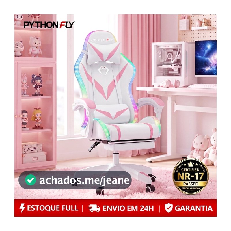 Cadeira Gamer Ergonômica Reclinável 135º Branca Rosa Com Luz LED RGB e Descanso De Pés